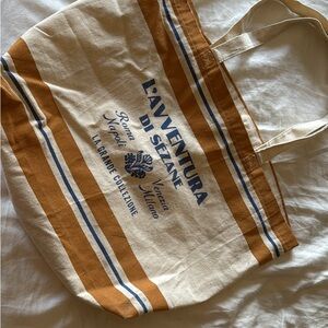 Sezane Cream and Brown Striped Canvas Tote